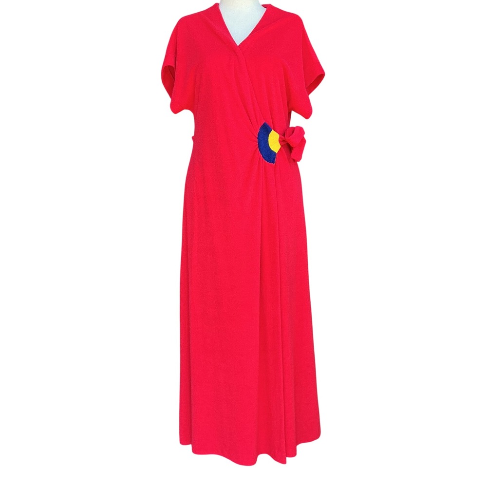 Vanity Fair Maxi Dress Womens L Red Terry Cloth Wrap Sun Accent Vintage 70s